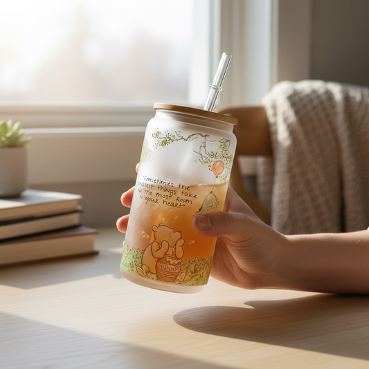 Classic Winnie the Pooh Frosted Libby Glass Jar with Bamboo Lid, Straw, and Rubber Base – Sublimation Design