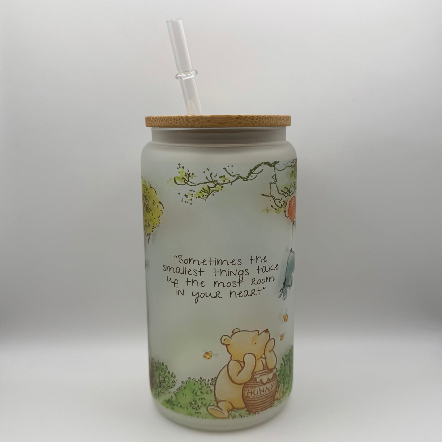 Classic Winnie the Pooh Frosted Libby Glass Jar with Bamboo Lid, Straw, and Rubber Base – Sublimation Design