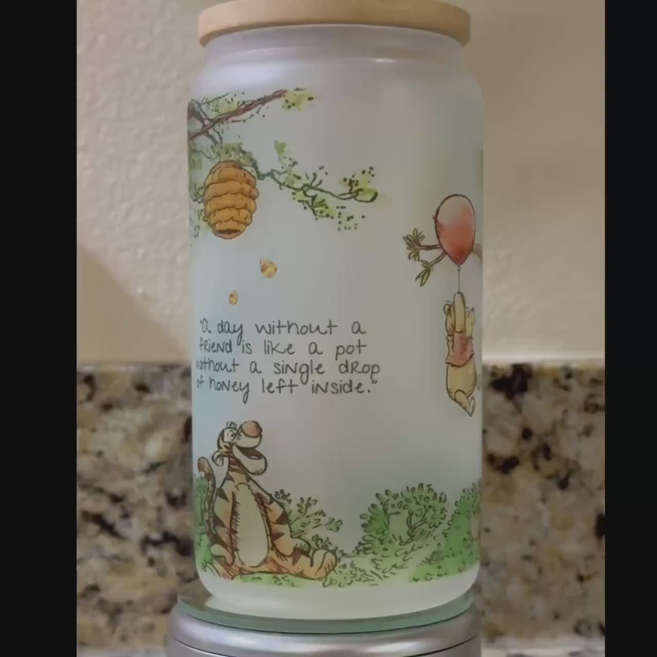 Classic Winnie the Pooh Frosted Libby Glass Jar with Bamboo Lid, Straw, and Rubber Base – Sublimation Design