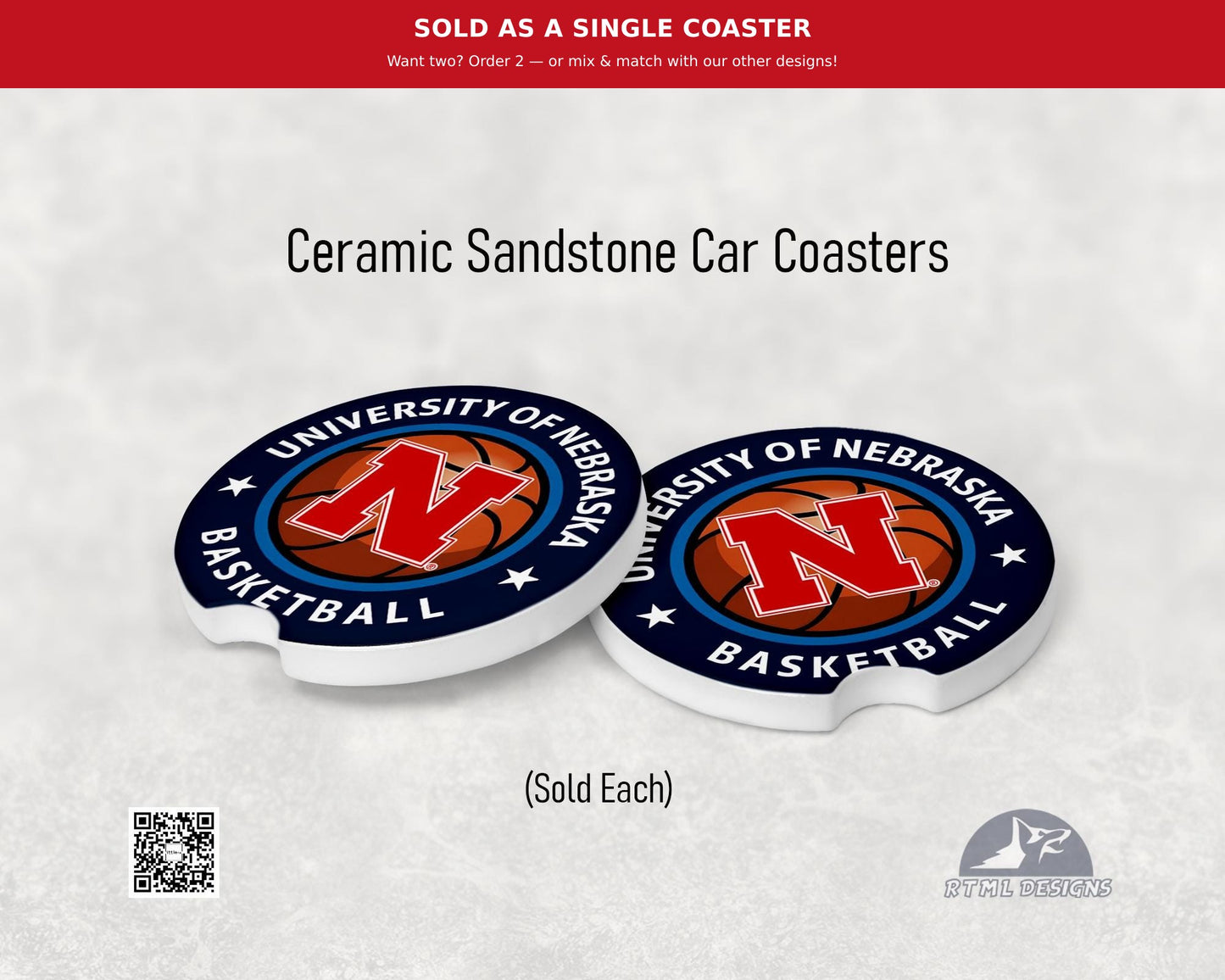 Nebraska Basketball - Ceramic Car Coaster | Officially Licensed Collegiate Product | University of Nebraska (Single Pack)