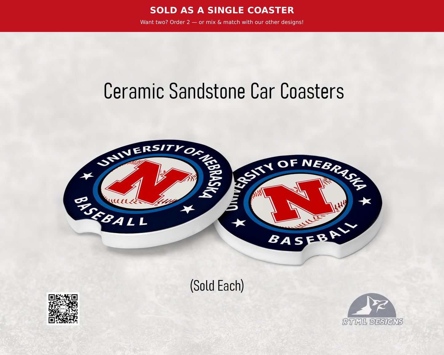 Nebraska Baseball - Ceramic Car Coaster | Officially Licensed Collegiate Product | University of Nebraska (Single Pack)