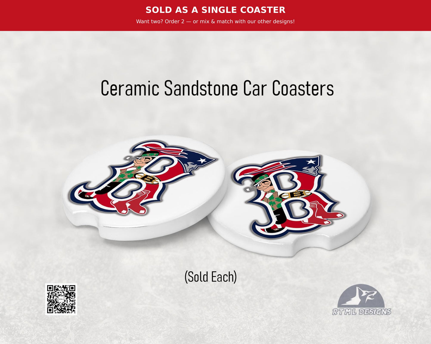 Boston Sports (White) - Ceramic Car Coaster (Single Pack)