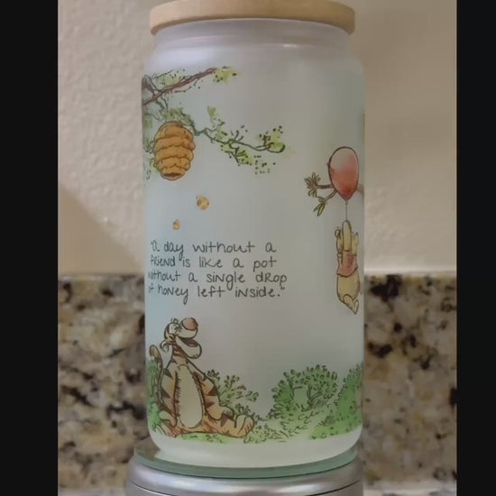 Classic Winnie the Pooh Frosted Libby Glass Jar with Bamboo Lid, Straw, and Rubber Base – Sublimation Design