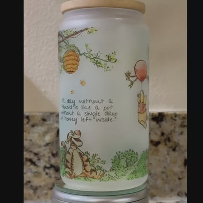 Classic Winnie the Pooh Frosted Libby Glass Jar with Bamboo Lid, Straw, and Rubber Base – Sublimation Design